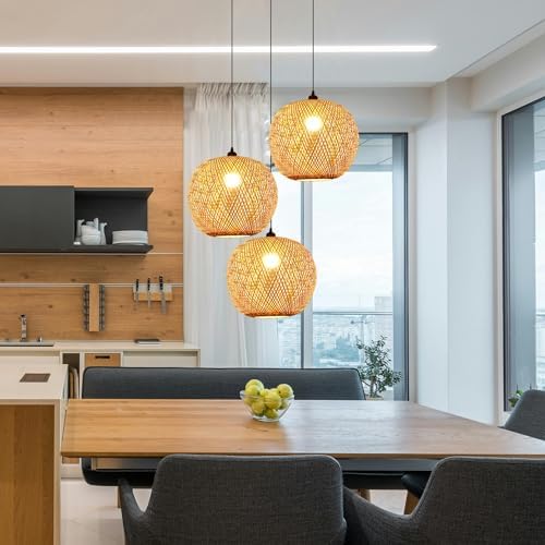 COOYO Vintage Rattan Pendelleuchte natürlichen Bambus Kronleuchter handgeflochtene Weide Lampenschirm E27 höhenverstellbar Esstisch Hängelampe Schlafzimmer Wohnzimmer Decke Hängend lampe(3 combination von COOYO