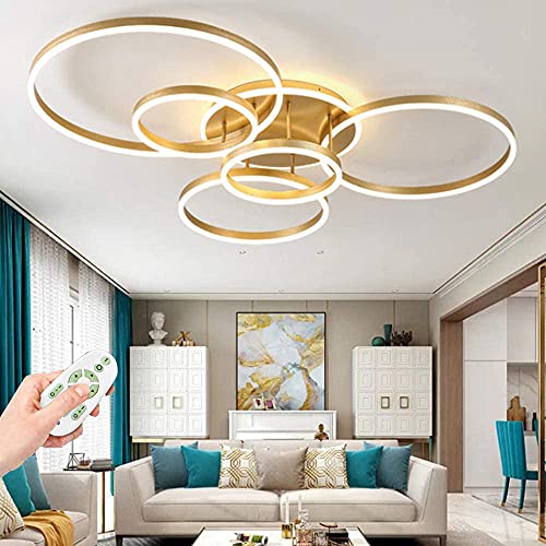 LED Deckenleuchte Modern Wohnzimmer Dimmbare Deckenlampe Mit Fernbedienung Deckenlicht Rings Design Innen Deckenbeleuchtung Esszimmer Schlafzimmer 6 Ring Metall Pendellampe [Energieklasse A++],Gold … von COOYO