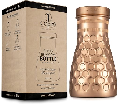 Cop29 Handgemachte Dolny Matt Wabenmuster Kupfer Schlafzimmer Wasserflasche I Jar mit Deckel I Bettseite Wasser Karaffe (loser Deckel) -1000ml / 34oz... von COP29 ESSENCE OF LIFE