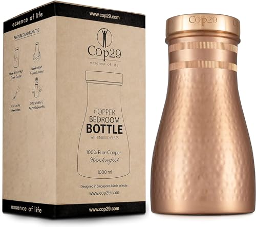 Cop29 Handgemachte Dolny Matt gehämmerte Kupfer Schlafzimmer Wasserflasche I Jar mit Deckel I Bettseite Wasser Karaffe (loser Deckel) -1000ml / 34oz... von COP29 ESSENCE OF LIFE