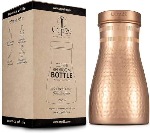 Cop29 Handgemachte Dolny glänzend gehämmerte Kupfer Schlafzimmer Wasserflasche I Jar mit Deckel I Bettseite Wasser Karaffe (loser Deckel) -1000ml / 34oz... von COP29 ESSENCE OF LIFE
