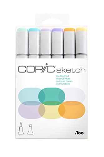 COPIC Sketch Marker Set "Pale Pastels" mit 6 Farben, professionelle alkoholbasierte Pinselmarker mit einer flexiblen und einer mittelbreiten Spitze von Copic