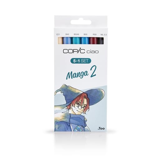 COPIC Ciao Marker 5+1 Set "Manga 2", 5 alkoholbasierte Allround-Layoutmarker mit einer mittelbreiten und einer Brush-Spitze, inkl. 1 Multiliner 0,3 mm von Copic