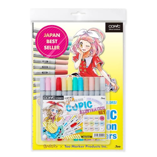 COPIC Ciao Set "Illustration for Beginners", 12er Set mit 63-seitigem Guide, Twin Marker mit einer mittelbreiten und einer Brush-Spitze von Copic