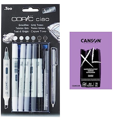 COPIC Ciao Marker 5+1 Set Grautöne & CANSON 297236 XL® Marker, Markerblock, DIN A4, 100 Blatt, 70 g/m² von COPIC
