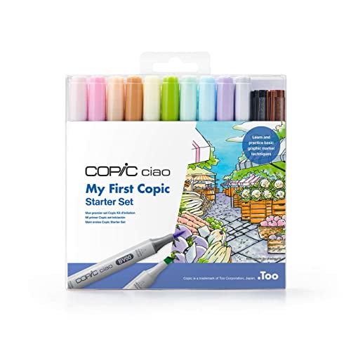 COPIC Ciao Marker My First Copic Starter Set, 10x Copic Ciao Marker, 2x Copic Multiliner, 3x Strichzeichnungen zum Üben, 8x Blatt Premium Bondpapier A6, Anleitung von Copic