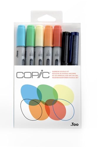 COPIC Ciao Set "Rainbow Doodle Kit", 7er Set mit 5 Twin Marker mit einer mittelbreiten und einer Brush-Spitze inkl. 2 Multiliner Cobalt und Black 0,3 mm von Copic