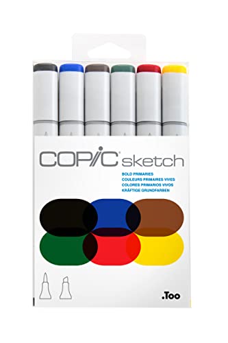 COPIC Sketch Marker Set "Bold Primiries" mit 6 Farben, professionellee Pinselmarker mit einer flexiblen und einer mittelbreiten Spitze von Copic
