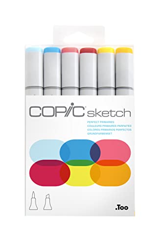 COPIC Sketch Marker Set "Perfect Primaries" mit 6 Farben, professionellee Pinselmarker mit einer flexiblen und einer mittelbreiten Spitze von Copic