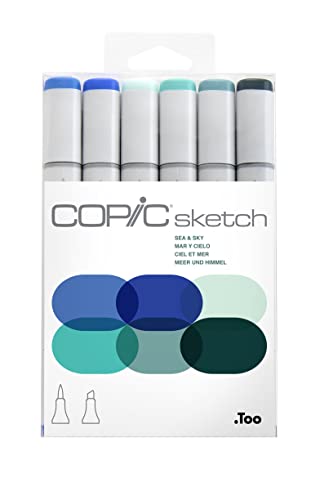 COPIC Sketch Marker Set "Sea & Sky" mit 6 Farben, professionellee Pinselmarker mit einer flexiblen und einer mittelbreiten Spitze von Copic