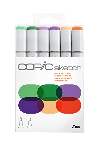 COPIC Sketch Marker Set "Secondary Tones" mit 6 Farben, professionelle alkoholbasierte Pinselmarker mit einer flexiblen und einer mittelbreiten Spitze von Copic