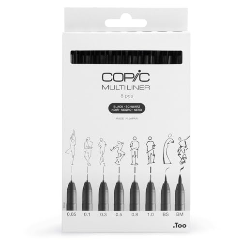 Copic Multiliner Set schwarz, 8 Stifte in 8 verschiedenen Strichstärken mit wasserfester Pigmenttinte, wischfest und UV beständig, für Skizzen und Illustrationen von Copic