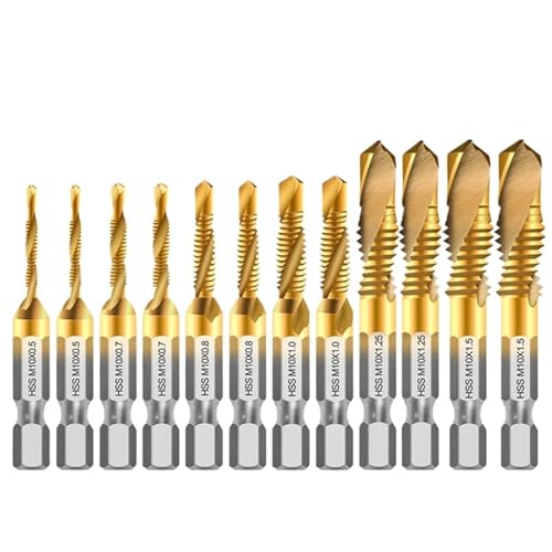 Gewindebohrerset, 12 Stück Sechskantschaft Titanbeschichtete HSS-Gewindebohrer metrisch for Metall, Stahl, Holz, Kunststoff M3-M10 von COQALINEX