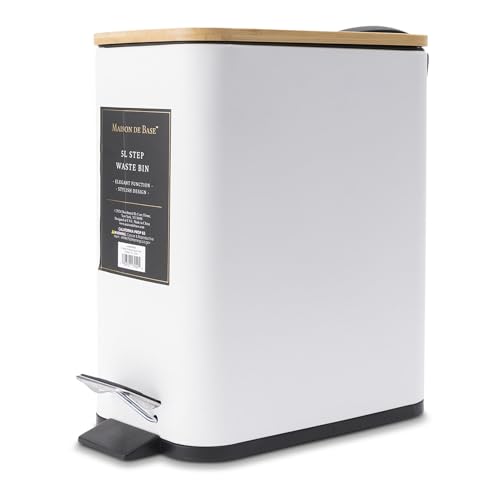 CORE HOME Sleek Rechteckiger Abfalleimer Mülleimer mit Holzdeckel 5 Liter Eisen Weiß von CORE HOME