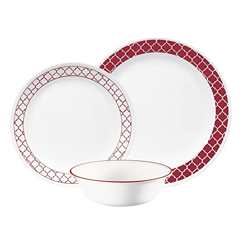 CORELLE Geschirr (12-teiliges Set, Crimson Trellis) Geschirr für 4 Personen|Enthält 4 Teller, Beilagenteller und Schüsseln|3xbeständiger, nimmt halb so viel Platz und Gewicht wie Keramik ein, 1147166 von CORELLE