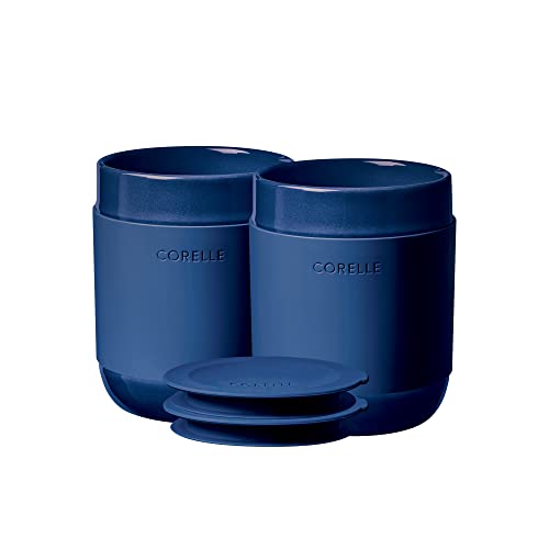 Corelle Steingut 4-teiliges Trinkbecher-Set mit Deckel, handgefertigt, kunsthandwerklicher Reisebecher, massives Glasur-Steinzeug, 34 ml Reise-Kaffeebecher-Set, Marineblau von CORELLE