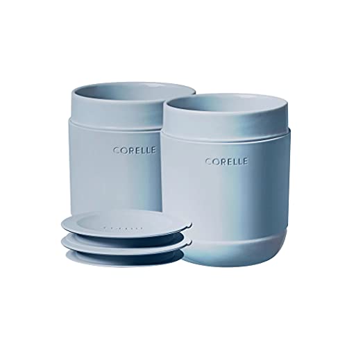 CORELLE Steingut 4-teiliges Trinkbecher-Set mit Deckel, handgefertigt, kunsthandwerklicher Reisebecher, massives Glasur-Steinzeug, 34 ml Reise-Kaffeebecher-Set, Marineblau von CORELLE