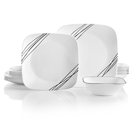 Corelle 18-teiliges Tafelservice, einfache Skizze, schwarz und weiß für 6 Personen, splitterfestes Geschirr, inklusive 26 cm quadratischen Speisetellern, 17 cm quadratischen Salat-/Beilagentellern und von CORELLE