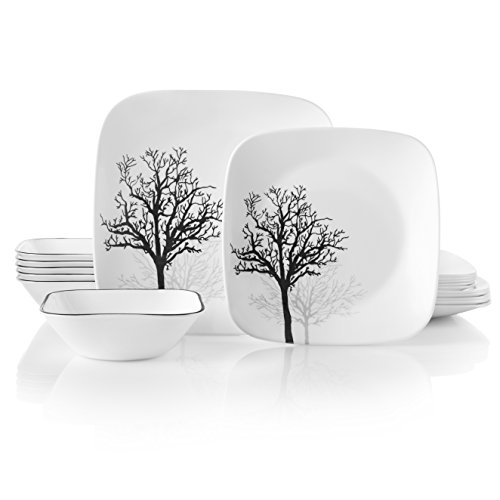 Corelle 18-piece Dinner Set, Timber Shadows, Black and White for 6, Chip Resistant Dinnerware, includes 26cm square dinner plates, 17cm square salad/side plates and 530ml square soup/cereal bowls von CORELLE