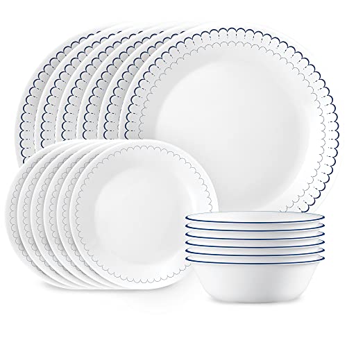 Corelle 18-teiliges Geschirr-Set, Service für 6 Personen, leichte, runde Teller und Schüsseln, Vitrelle dreilagiges Glas, splitterfest, mikrowellen- und spülmaschinenfest, kaspisch, marineblau, weiß von CORELLE