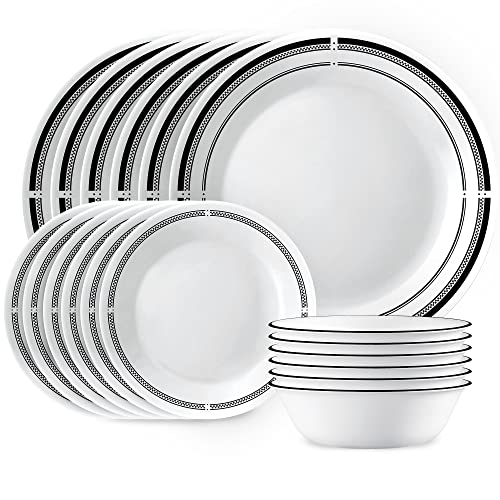 CORELLE 18-teiliges rundes Geschirr-Set, Service für 6, , Teller und Schüsseln-Set, Vitrelle dreischichtiges Glas, splitter- kratzfest, mikrowellen- spülmaschinenfest, Brasserie von CORELLE