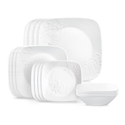 Corelle Cherish 16-teilig, Service für 4, Geschirr-Set, 8 Teller, 8 Schüsseln, splitter- und bruchfest, Speiseteller und Speiseteller, Corelleware Teller, Weiß von CORELLE