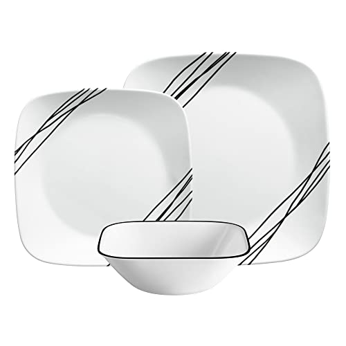 CORELLE Geschirr(12-teiliges Set, Simple Sketch) Geschirr für 4 Personen | Enthält 4 Teller, Beilagenteller, Schüsseln | 3 x beständiger, nimmt halb so viel Platz, Gewicht wie Keramik ein, 1146920 von CORELLE