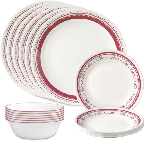 Corelle Everyday 18-teiliges Geschirr-Set, Service für 6 Personen, langlebig und umweltfreundlich, Glasplatte und Schüssel mit höherem Rand, mikrowellen- und spülmaschinenfest, Sadie von CORELLE