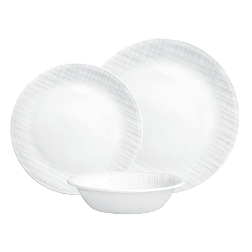 Corelle Geschirr (12-teiliges Set Winter Linen Weave) Geschirr für 4 Personen Enthält 4 Teller Beilagenteller Schüsseln 3 x beständiger nimmt halb so viel Platz Gewicht wie Keramik ein 1146908 von CORELLE