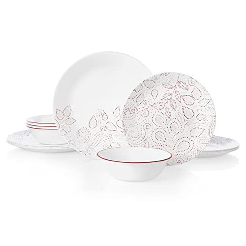 Corelle Leaf Stitch 12-teiliges Geschirr-Set für 4 Personen, rot von CORELLE