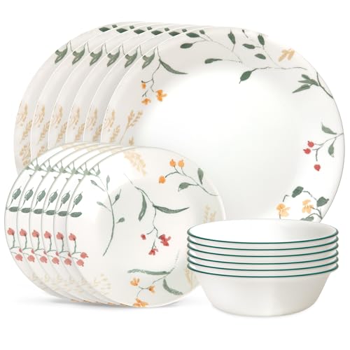 Corelle Vitrelle 18-teiliges Geschirrset aus Glas, Service für 6 Personen, dreilagig, splitter- und rissfest, Glasteller und Schüssel-Sets, Wildblume von CORELLE