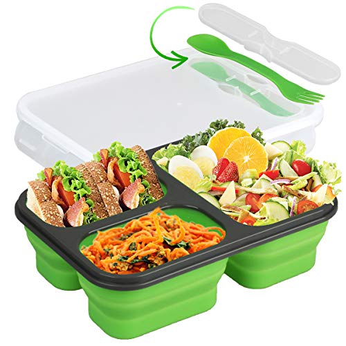 CORESLUX Brotdose mit Fächern, Zusammenklappbare Silikon Meal Prep Boxen Lunchbox Erwachsene Brotdose Kinder mit Fächern Lunch Box Safe für Mikrowelle, Geschirrspüler & Gefrierschrank (Grün) von CORESLUX