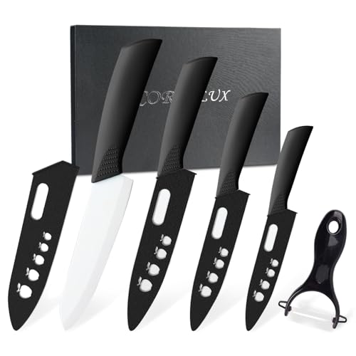 CORESLUX Keramikmesser Set, 4 Keramik Küchenmesser Set mit 1 Sparschäler, Antihaftbeschichtet, Scharf, Kochmesser, Messerkeramik Set zum Schneiden Obst Gemüse Fleisch (Weiß) von CORESLUX