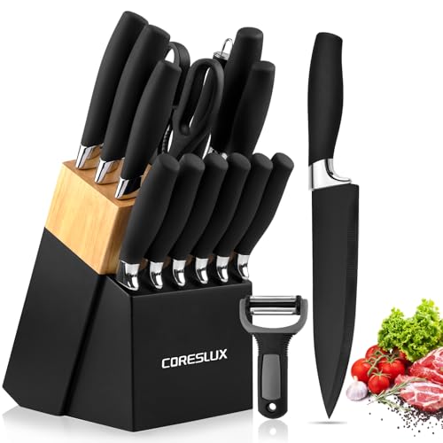 CORESLUX Messerblock mit Messer Set, 15-teiliges Messerset mit Holzblock, Edelstahl küchenmesser Set mit Kochmesser, Antihaftbeschichtung, Ergonomischen-Griff, Brotmesser, Wetzstab Und Schere, Schwarz von CORESLUX
