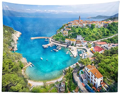 CORFOTO 150x130CM Strand Wandteppich Kroatien Insel Stadt Foto Ozean Strand Landschaft Wandteppich Wandkunst Schlafzimmer Wohnzimmer College Dorm Home Decor Hängende Wandkunst von CORFOTO