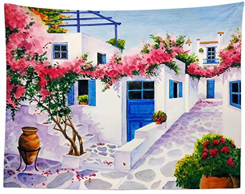 CORFOTO 180x120CM Straßenszene Wandteppich Ölgemälde Stil Blumen Foto Weiße Wand Blau Tür Haus Wandkunst Dekor Ästhetisches Wohnzimmer Schlafzimmer Dorm Dekor Wandteppich Wandkunst von CORFOTO