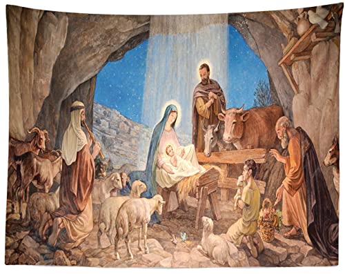 CORFOTO 180x120cm Jesus Wandteppich Dekor Weihnachtsnacht Krippe Hintergrund Geburt von Baby Jesus Wandteppich Wandkunst Ästhetisches Wohnzimmer Schlafzimmer Dorm Dekor Hängende Wanddekoration von CORFOTO