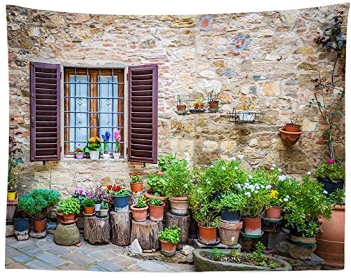CORFOTO 210x150CM Alte Mauer Wandteppich Steinwand Holz Fenster Topf Pflanzen Blumen Wandkunst Dekor Hochzeit Fotoshooting Kind Geburtstag Party Prom Video Recording Room Wandteppich Wandkunst von CORFOTO