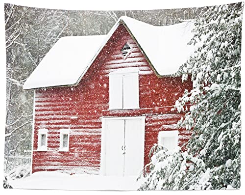CORFOTO 300x250cm Winter Wandteppich Roter alter Bauernhof Scheune Winter Hintergrund Kiefernwald Wandkunst Schlafzimmer Wohnzimmer College Dorm Home Decor Schneeszene Wandkunst von CORFOTO