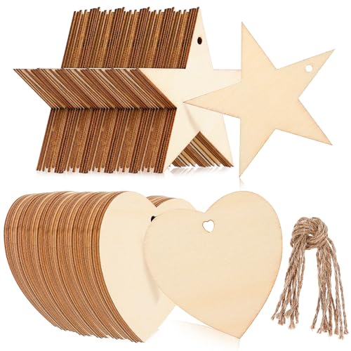CORHAD 100 Stück Teiliges Holzanhänger Stern Herz Form Blanko Holzschilder für DIY Basteln Dekorationen Party Zubehör Holzstücke zum Beschriften und Verzieren von CORHAD