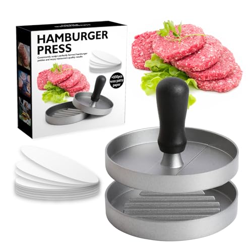 CORJEEJOR Burgerpresse mit 100 Wachspapier, antihaftbeschichtet, für Fleisch, Patty, Hamburger, Lebensmittelqualität, Aluminiumlegierung, Burger-Maker mit ABS-Griff, 11,4 cm, Pressburger für von CORJEEJOR