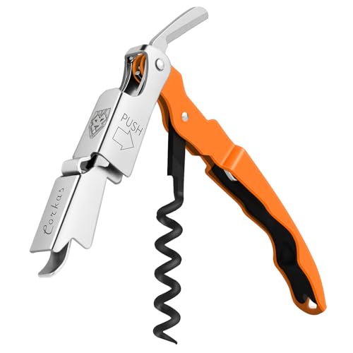 CORKAS Kellnermesser - Profi Korkenzieher aus Edelstahl in Gastronomie Qualität mit Flaschenöffner & Folienschneider für alle Korkenarten（Orange） von CORKAS