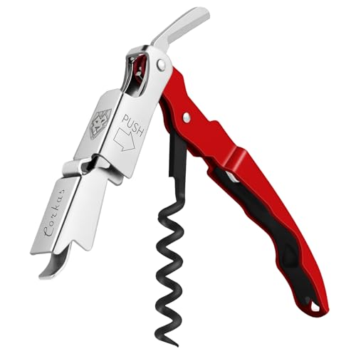 CORKAS Kellnermesser - Profi Korkenzieher aus Edelstahl in Gastronomie Qualität mit Flaschenöffner & Folienschneider für alle Korkenarten（Rot） von CORKAS