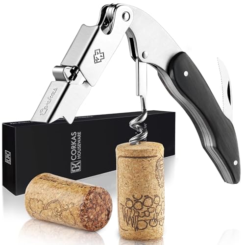 CORKAS Korkenzieher Kellnermesser mit edlem Holzgriff in Schwarz - Hochwertiger Weinöffner in Gastronomie-Qualität mit Flaschenöffner und Folienschneider – Das Kellnermesser Weinliebhaber von CORKAS