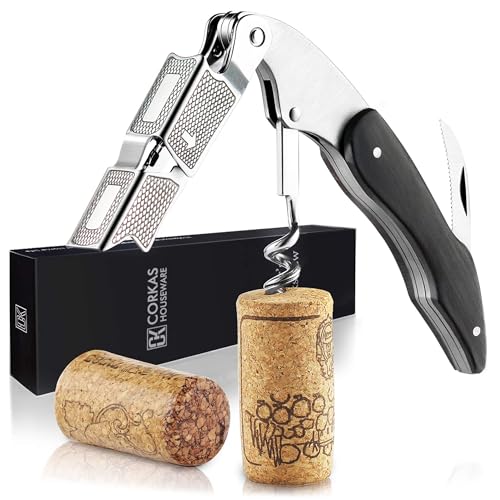 CORKAS Korkenzieher Kellnermesser mit edlem Holzgriff in Schwarz - Hochwertiger Weinöffner in Gastronomie-Qualität mit Flaschenöffner und Folienschneider – Das Kellnermesser Weinliebhaber von CORKAS