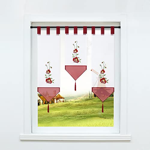 CORLIF 3er-Set Scheibengardine mit Schlaufen Voile Transparente Bistrogardine Landhaus Küche Kurzstore Kleinfenster Gardine mit Stickerei Muster Rot BxH 20x50cm 1er Pack + BxH 20x70cm 2er Pack von CORLIF