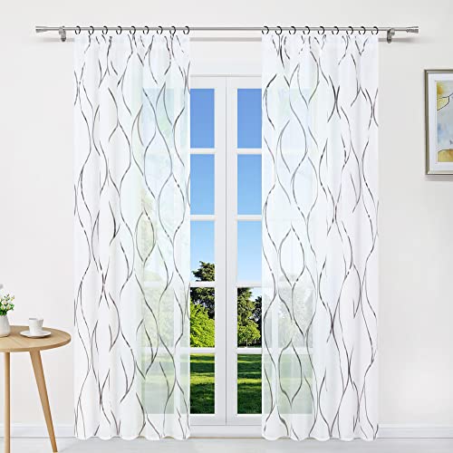 CORLIF Gardinen mit Kräuselband Transparente Gardine Schal Voile Vorhang Fensterschal Wellen Druck Braun B/H 140/145 cm 1 Stück von CORLIF