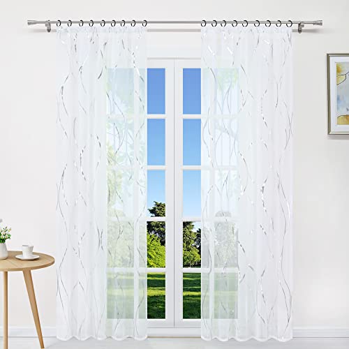 CORLIF Gardinen mit Kräuselband Transparente Gardine Schal Voile Vorhang Fensterschal Wellen Druck Silber B/H 140/145 cm 1 Stück von CORLIF