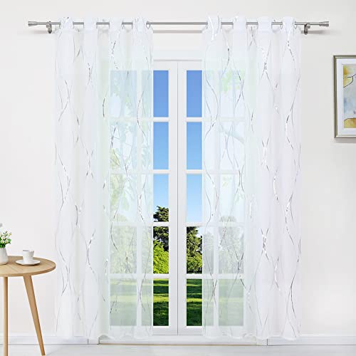 CORLIF Gardinen mit Ösen Transparente Gardine Schal Voile Vorhang Fensterschal Wellen Druck Silber B/H 140/245 cm 1 Stück von CORLIF