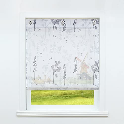 CORLIF Küche Raffrollo ohne Bohren Raffgardinen mit Ösen Fenstergardinen Voile Gardinen Transparente Vorhänge mit Laternenblume Modern Ösenrollo Grau BxH 80x140cm 1 Stück von CORLIF